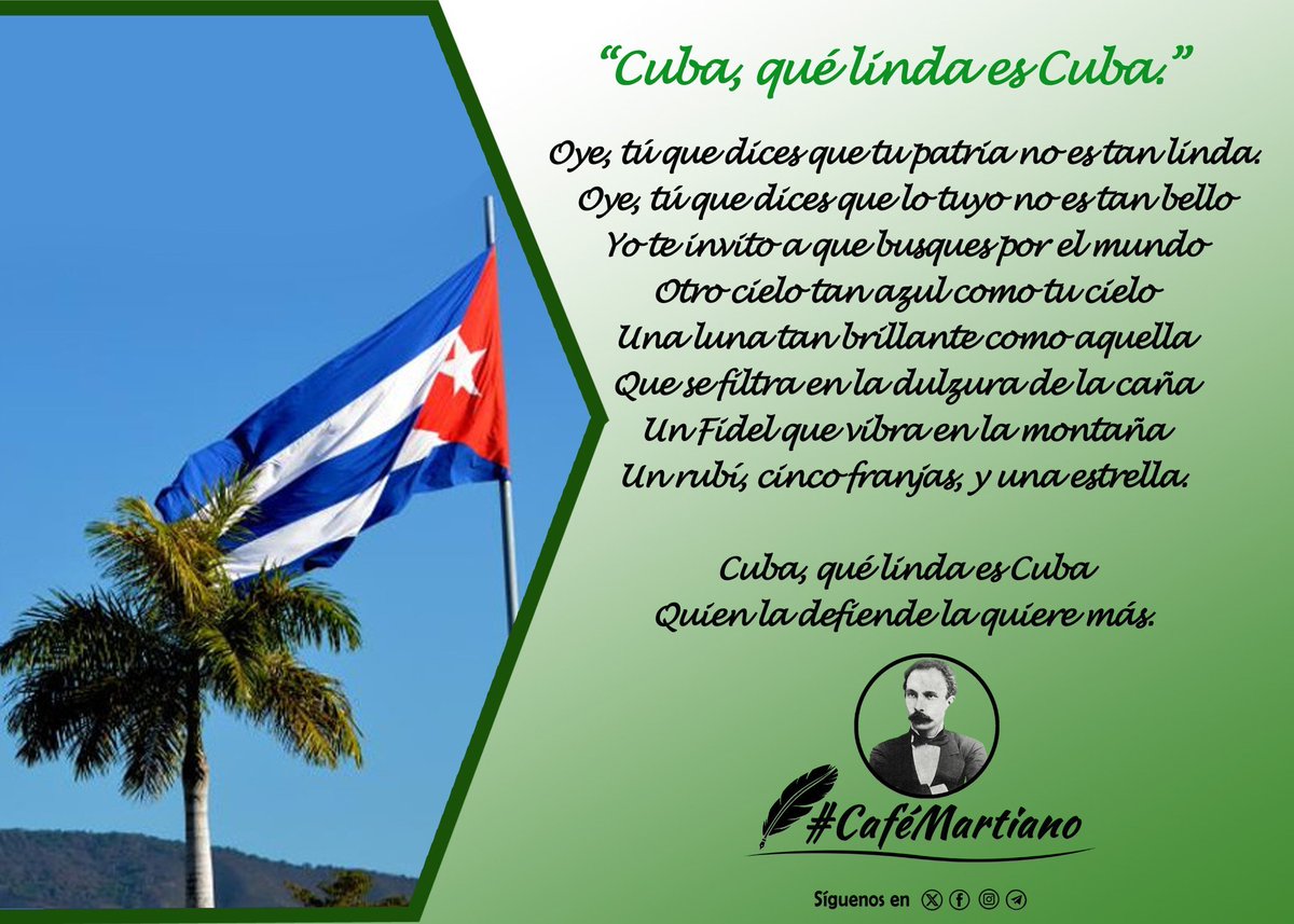 @cafemartiano @DiazCanelB @EVilluendasC @InesMChapman @TeresaBoue @agnes_becerra @DeZurdaTeam_ @H_Cubana @mimovilespatria @ValoresTeam1 @PineroIzquierda Buenos días 🇨🇺
#CaféMartiano
¡Cuba que linda es Cuba!
Quien la conoce la quiere más ♥️
✨ Donde las palmas no son palmeras, son milicianas y son banderas.
🇨🇺🇨🇺🇨🇺🇨🇺🇨🇺