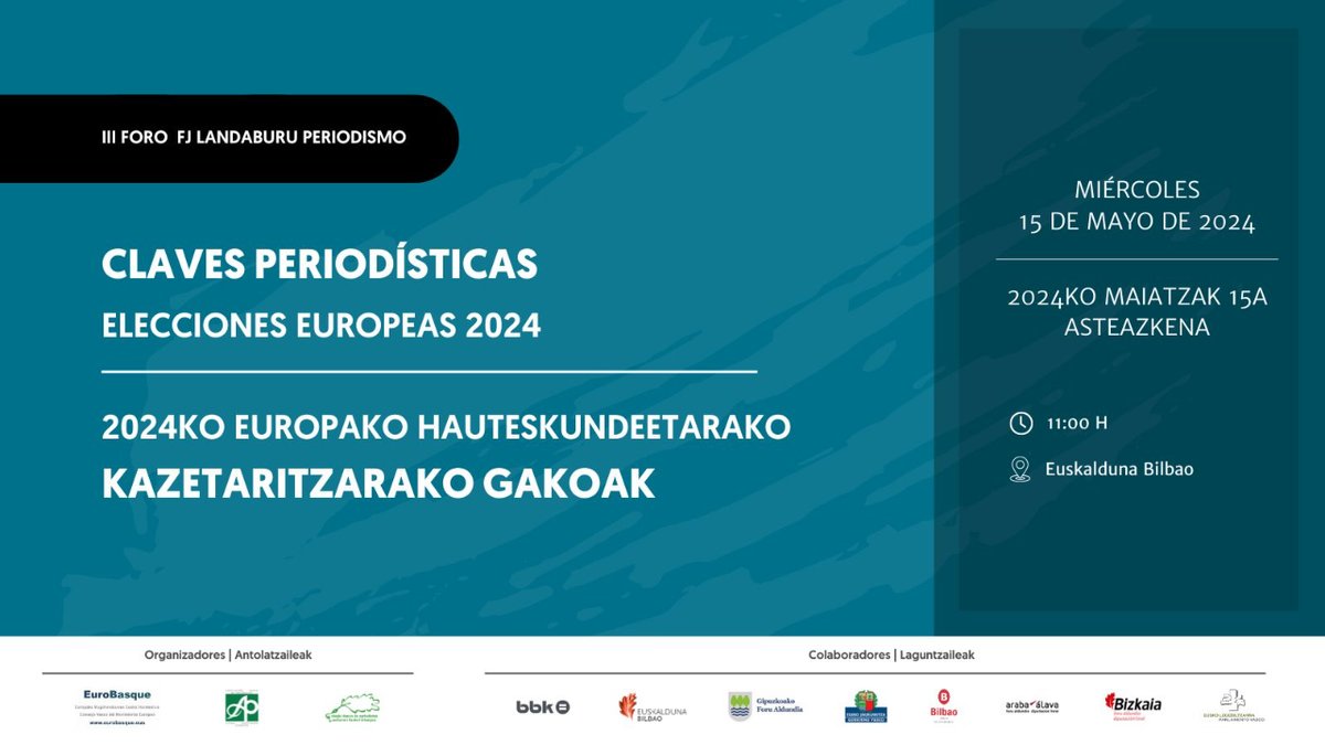 EuroBasque (@eurobasque) on Twitter photo III. FORO PERIODISMO "FRANCISCO JAVIER DE LANDABURU"
No hace falta inscripción. Entrada hasta completar aforo.
eurobasque.eus/wp-content/upl…
-
"FRANCISCO JAVIER DE LANDABURU" KAZETARITZA FOROA
Ez da behar izena ematea. Sarrera lekua bete arte.
eurobasque.eus/wp-content/upl… III. FORO PERIODISMO "FRANCISCO JAVIER DE LANDABURU"
No hace falta inscripción. Entrada hasta completar aforo.
eurobasque.eus/wp-content/upl…
-
"FRANCISCO JAVIER DE LANDABURU" KAZETARITZA FOROA
Ez da behar izena ematea. Sarrera lekua bete arte.
eurobasque.eus/wp-content/upl…