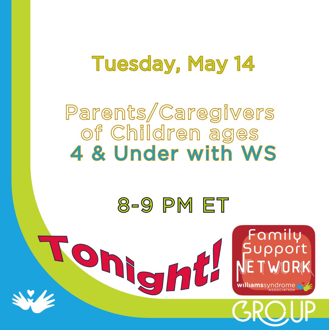 Even the littlest kiddos with WS can have some big challenges. Join other parents/caregivers to celebrate the newest members of the WS community.
Tonight at 8 PM ET is the Parents/Caregivers of Children Ages 4 &amp; Under with WS.
#WSAgroup #WSA4andunder #WSAFSN #WSA #WSFamilySupport