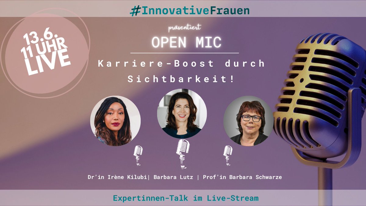 Save the Date: Am 13.06. gehen wir live zum Thema "#Karriere-Boost durch #Sichtbarkeit! Die besten Strategien für maximale Sichtbarkeit in #Wirtschaft und #Wissenschaft". Infos und Anmeldung: innovative-frauen.de/open-mic/sicht… #InnovativeFrauen #Expertinnen