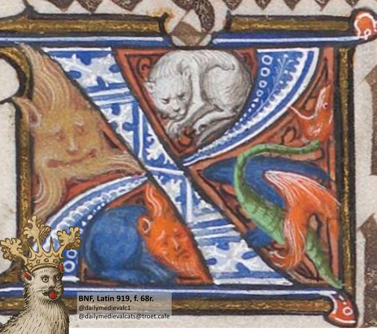 Cat in the corner.

Ms: BNF, Latin 919, f. 68r (15th c.).  #medievalcat #medievaltwitter