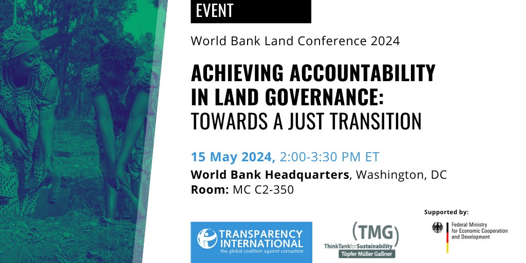 Don’t miss our session tomorrow at the World Bank Land Conference 2024! Together with @TMG_think, we are hosting a session on accountability in land governance with speakers from @FAO and @KLandalliance. More info ➡️ anticorru.pt/2ZJ