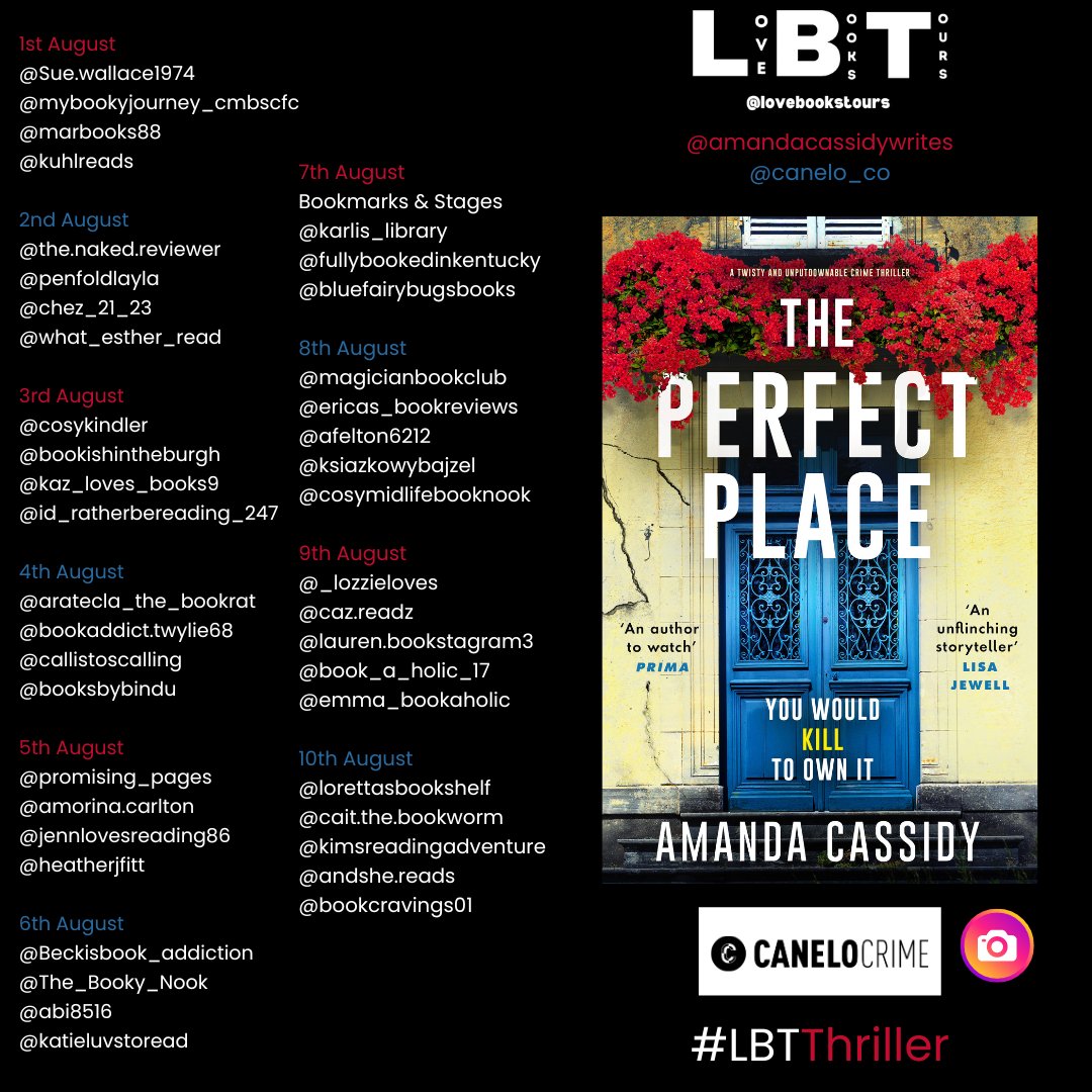 This August follow the  #virtualbooktour for 
The Perfect Place by Amanda Cassidy @AmandaCasssidy 
Worldwide : 1st – 10th August
Genre: Crime / Thriller
Pages: 356
Publisher: @CaneloCrime

Follow the tour over on our Instagram and TikTok. instagram.com/lovebookstours