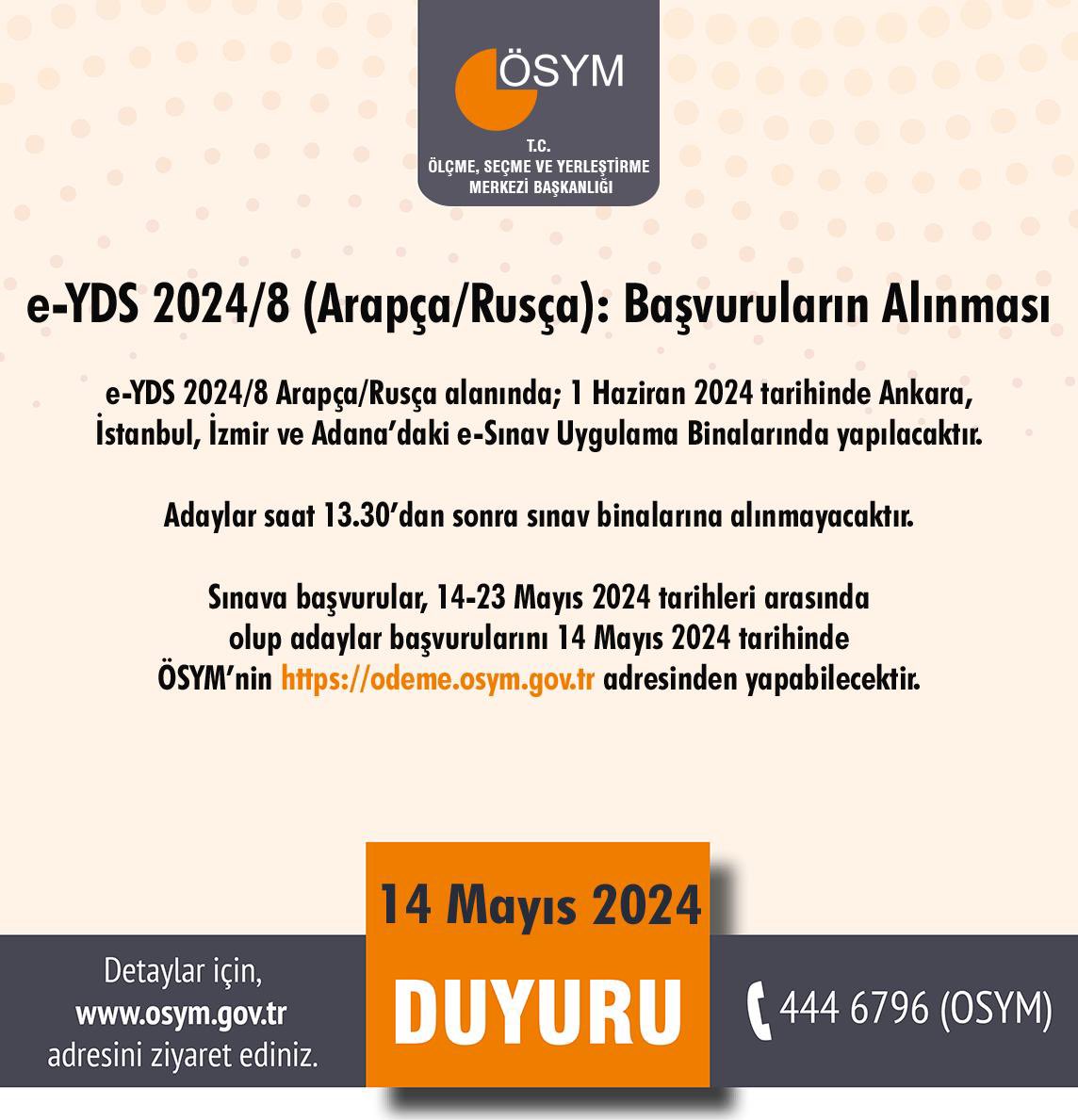 e-YDS 2024/8 (Arapça/Rusça): Başvuruların Alınması osym.gov.tr/TR,29384/e-yds…