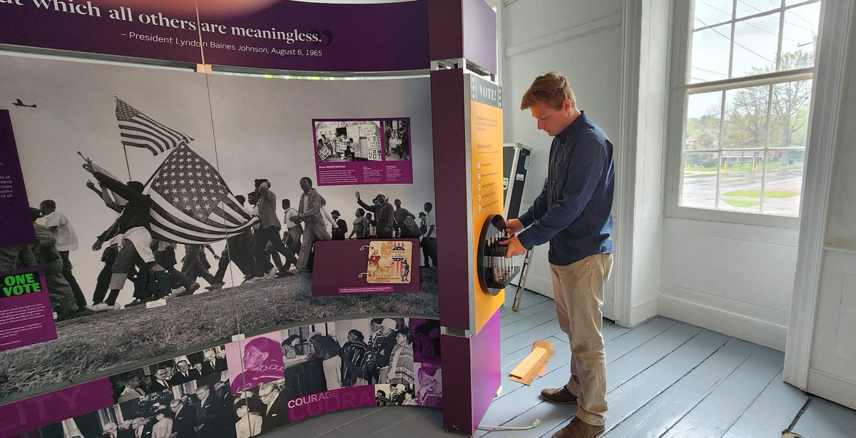 Getting ready: Sackets Harbor Battlefield State Historic Site staff are installing “Voices And Votes: Democracy In America,” developed by the Smithsonian Institution Traveling Exhibition Service Museum on Main Street Program. See the exhibit and special programs May 18-June 29!