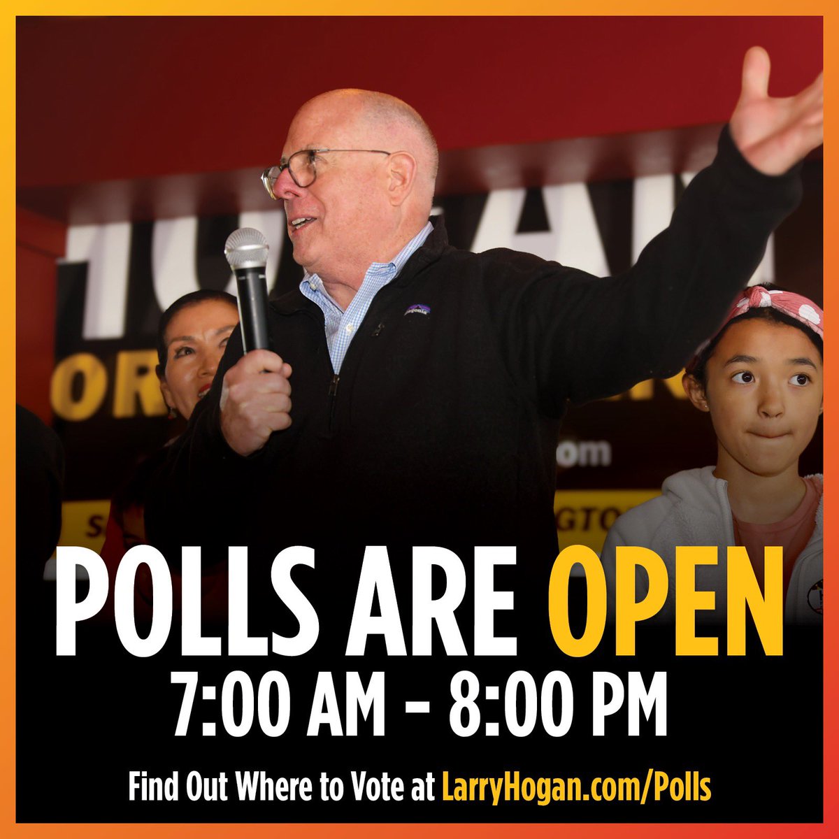 It’s Primary Election Day—the polls are open statewide now until 8:00 pm! With your help, we will send a message to Washington that will be heard loud and clear all across the country. Visit larryhogan.com/polls to find your assigned polling location. 🗳️