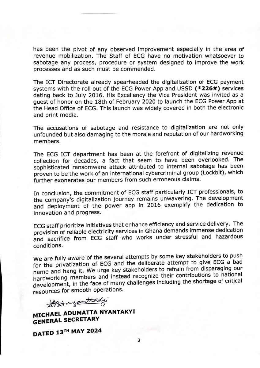Thank you, ECG Workers Union. What I'm happy in this Press Release is this statement 'The ICT Directorate already spearheaded the digitalization of ECG payment systems with the roll out of the ECG Power App and USSD (*226#) services dating back to July 2016. ' Because some of