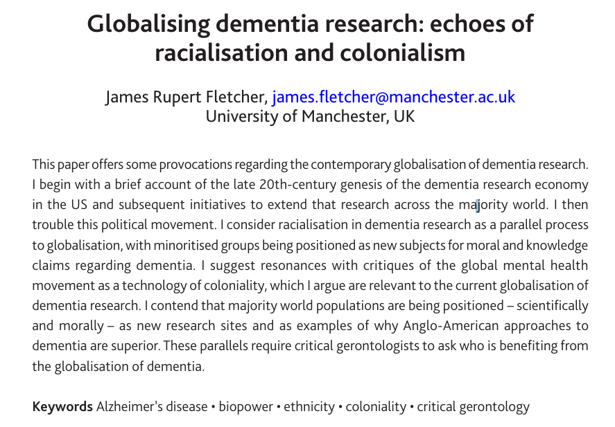 New paper @JnlGlobalAgeing (the 1st issue!) Charts expansion of Anglo-American #dementia economy to majority world Echoing racialisation & colonialism ⬆️exporting moralities⬆️ ⬇️importing resources⬇️ Raises questions for global(ising) gerontology bristoluniversitypressdigital.com/view/journals/…