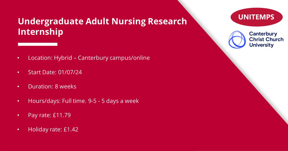 Are you a CCCU Adult Nursing student?

We are looking for a 2nd or 3rd year student to work as an intern assisting with research towards an innovative social justice module.

If you have an interest in research, please apply via the link below👇
portal.unitemps.com/Search/JobDeta…