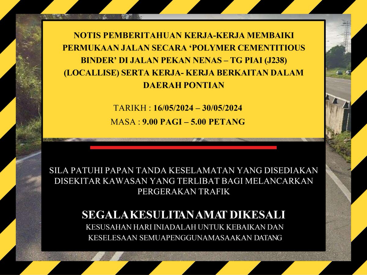 teto_eng_sb's tweet photo. 𝐍𝐎𝐓𝐈𝐒 𝐏𝐄𝐌𝐁𝐄𝐑𝐈𝐓𝐀𝐇𝐔𝐀𝐍 𝐌𝐄𝐌𝐁𝐀𝐈𝐊𝐈 𝐉𝐀𝐋𝐀𝐍 𝐒𝐄𝐂𝐀𝐑𝐀  ‘𝐏𝐎𝐋𝐘𝐌𝐄𝐑 𝐂𝐄𝐌𝐄𝐍𝐓𝐈𝐓𝐈𝐎𝐔𝐒
𝐁𝐈𝐍𝐃𝐄𝐑’

DI JALAN PEKAN NENAS, TG PIAI (J238)
@JkrPontian_ 

TARIKH : 16/05/2024 – 30/05/2024
MASA : 9AM – 5PM

#TETOCare
#TETO_eng_sb https://t.co/Zclsh7CI71