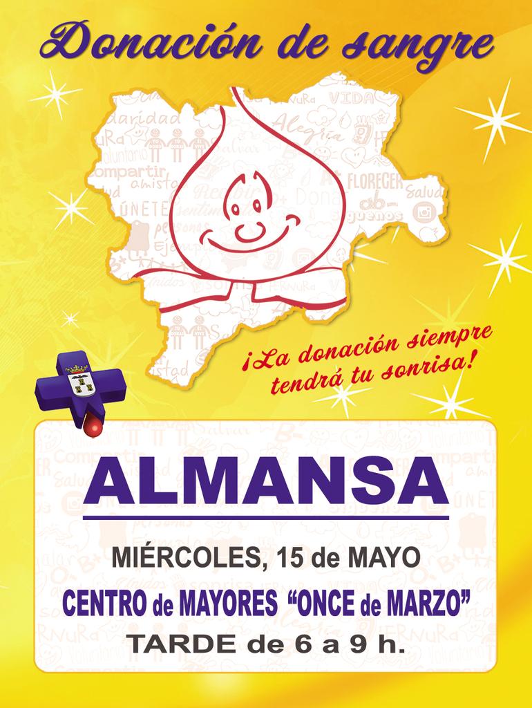 LA HERMANDAD VISITA ALMANSA. Donación de sangre en ALMANSA el miércoles 15 de mayo de 18 a 21 horas en CENTRO DE MAYORES 'ONCE DE MARZO' Gracias DONANTE, TÚ lo haces posible.. @AlmansaCiudad @TintaDeAlmansa @AlmansaPeriodic @AlmansaEmerg @AlmansaJoven @TVAlmansa