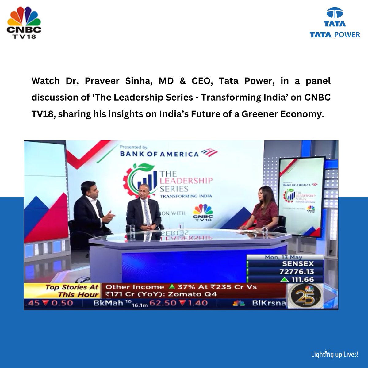 Dr Praveer Sinha, CEO & MD of Tata Power, shared his insights on India’s Future of a Greener Economy on CNBC TV18’s ‘The Leadership Series - Transforming India’ alongside Mr. Ankur Thadani, Partner at TPG, and Mr. Gaurav Singhal, Co-Head of Energy Transition Investment Banking at