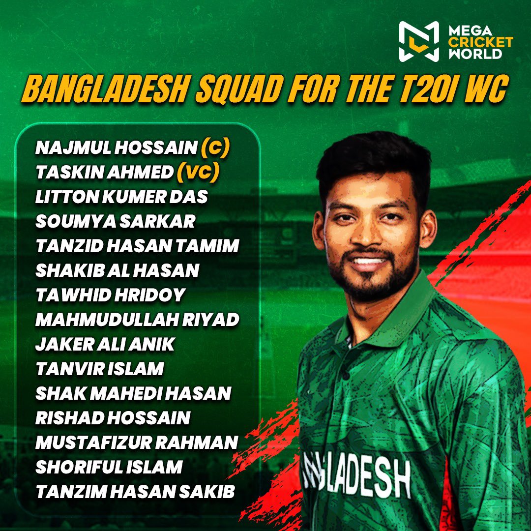 Bangladesh Squad for the T20I World Cup‼️

#BCB #T20WorldCup #BangladeshCricketTeam #BangladeshTigers #BangladeshCricket #NajmulHossain #TaskinAhmed #LittonDas #ShakibAlHasan