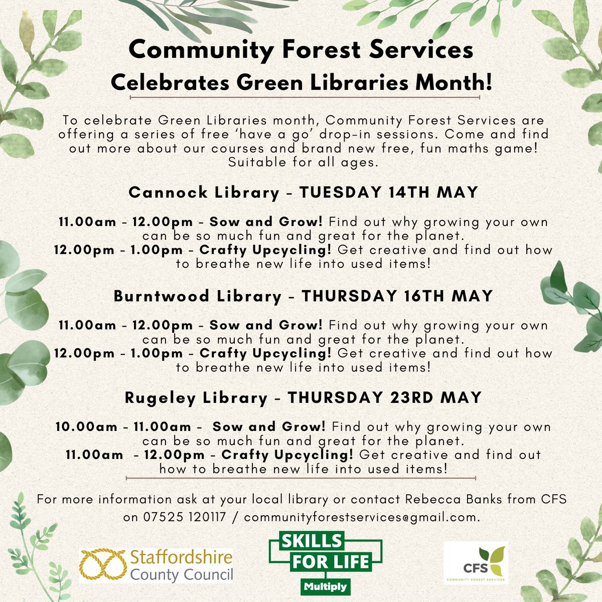 We're going Green with Community Forest Services at #CannockLibrary this morning! Come and see Mandi, she's here until 1pm #GreenLibraries  There are more events at #BurntwoodLibrary #RugeleyLibrary See image for more details
@CityRugeley
@CannockChaseDC
@StaffordshireCC