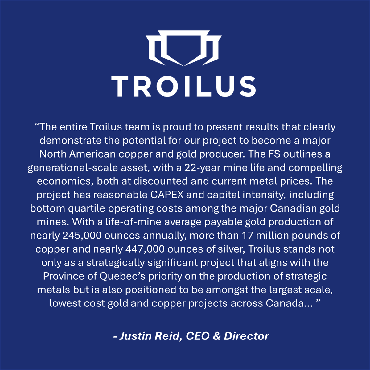 TroilusMining's tweet image. #Troilus announces Feasibility Study results for the #gold-#copper Troilus Project: outlines a large scale, 22-year open pit project in tier-one jurisdiction with USD$884.5 million NPV5%.

Read the news here: troilusgold.net/PR 

$TLG $CHXMF $CM5R