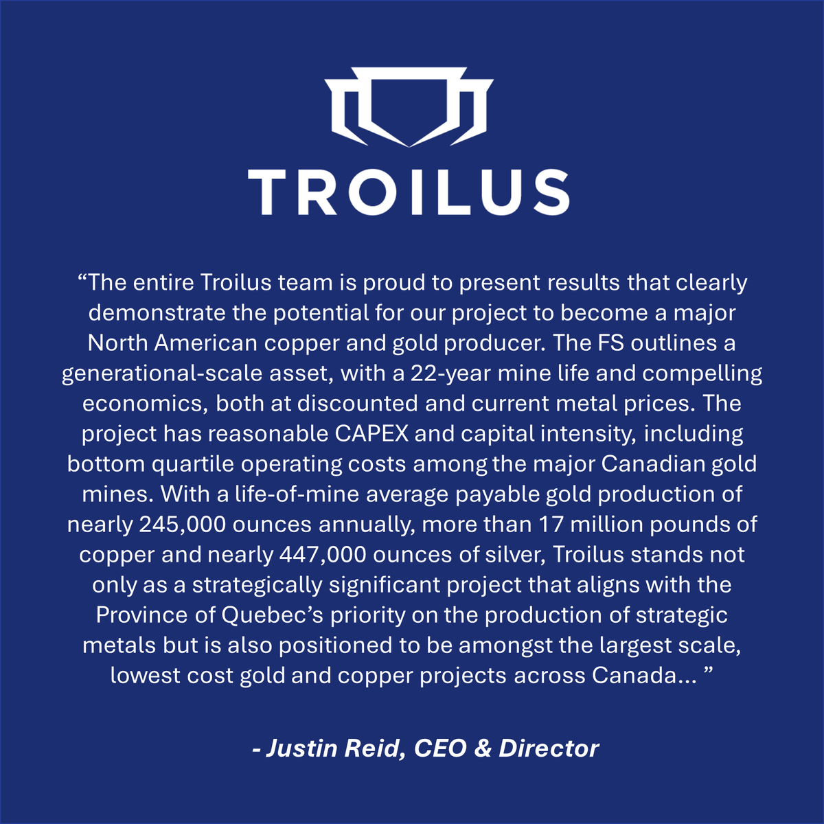 #Troilus announces Feasibility Study results for the #gold-#copper Troilus Project: outlines a large scale, 22-year open pit project in tier-one jurisdiction with USD$884.5 million NPV5%. Read the news here: troilusgold.net/PR $TLG $CHXMF $CM5R