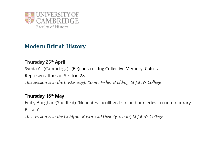Camb British History (@cammodbrit) on Twitter photo The Modern British History Seminar is back this week with a paper from <a href="/Emily_Baughan/">Emily Baughan</a> entitled 'Neonates, neoliberalism and nurseries in contemporary Britain'.
Join us on Thursday at 5pm in the Lightfoot Room at the Old Divinity School <a href="/stjohnscam/">St John's College, Cambridge</a> The Modern British History Seminar is back this week with a paper from <a href="/Emily_Baughan/">Emily Baughan</a> entitled 'Neonates, neoliberalism and nurseries in contemporary Britain'.
Join us on Thursday at 5pm in the Lightfoot Room at the Old Divinity School <a href="/stjohnscam/">St John's College, Cambridge</a>