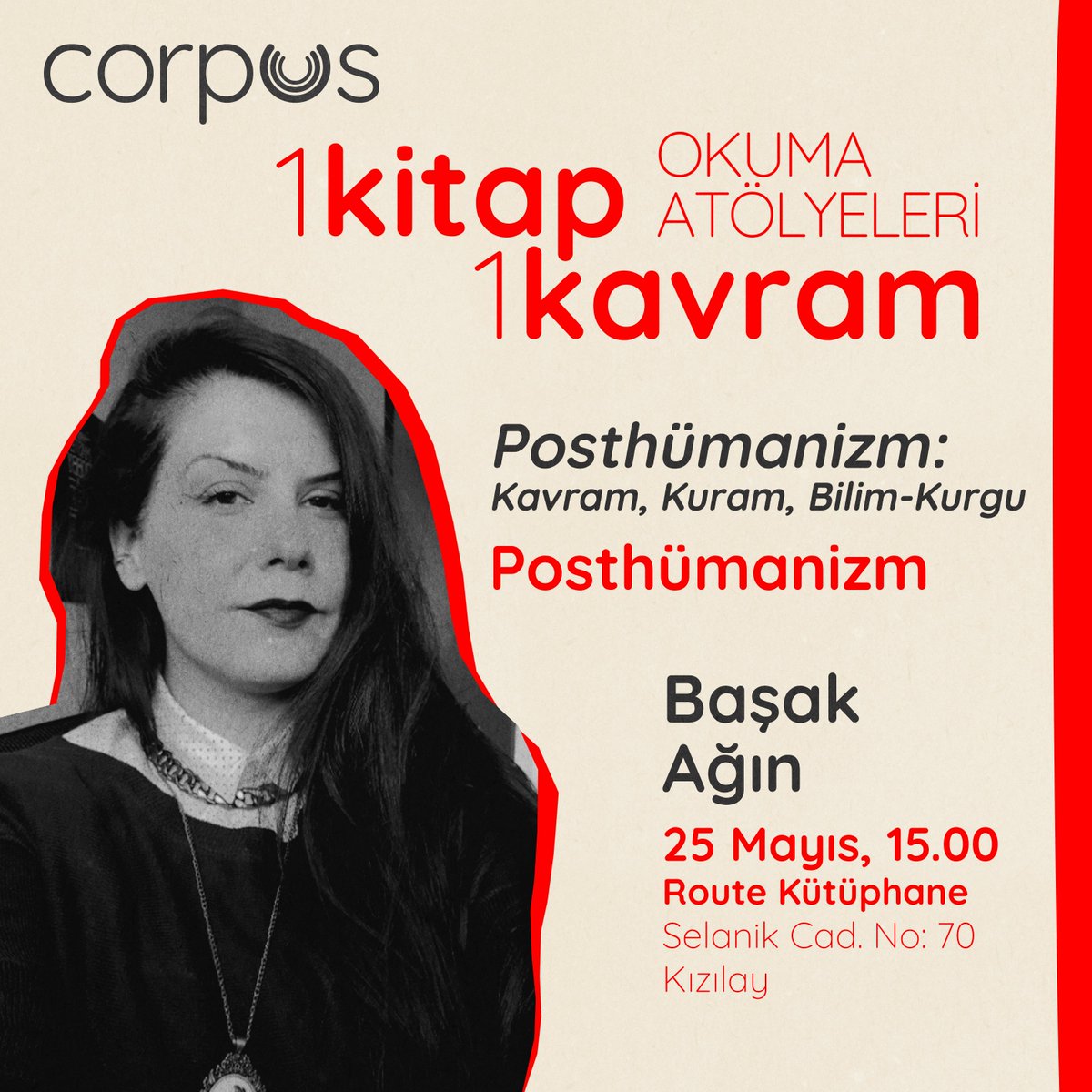 1 Kitap 1 Kavram Okuma Atölyeleri'ne Başak Ağın (<a href="/aginbasak/">Başak Ağın</a>) ile devam ediyoruz!

Bu buluşmamızda, Başak Ağın'ın "Posthümanizm: Kavram, Kuram, Bilim-Kurgu" kitabıyla "posthümanizm" kavramını tartışacağız.

Detaylı bilgi ve ücretsiz kayıt için: corpusdergi.com/okuma-atolyesi…

*Kontenjan