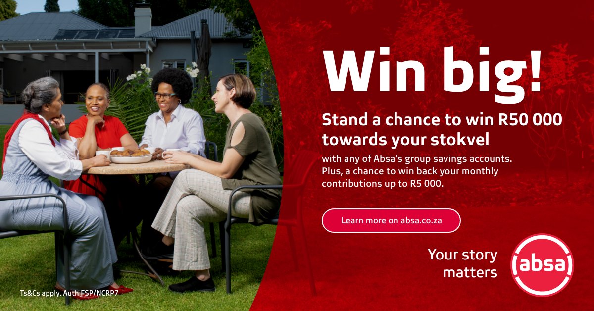 Any stokvel members on the TL? 🤔 💰 Win R50 000 towards your stokvel with any of Absa’s group savings accounts, plus stand a chance to win back your monthly contributions up to R5 000. Learn more: bit.ly/44G90jK #YourStoryMatters