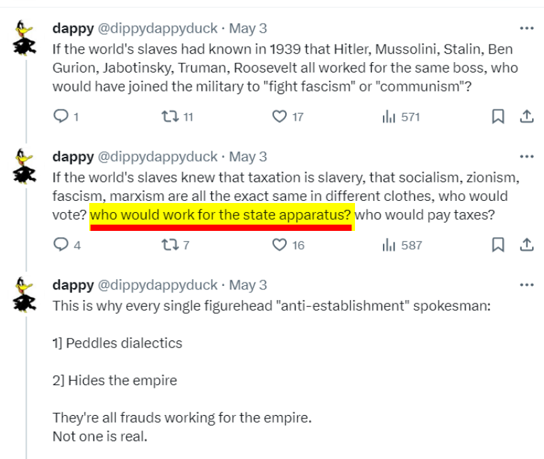 @jin_484 @Private_JKR @OffGuardian0 1] The CCP is fully controlled by The Crown, its colonial master. 2] The more who know the entire world is ruled by the ONE empire, the more the empire's plans are delayed. 3] They can't arrest anyone if slaves stop working for the state apparatus including military and police.