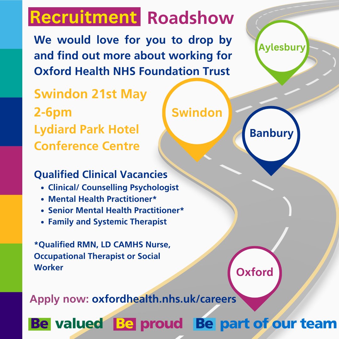 Recruitment Roadshow: Swindon on Tuesday 21st May 2pm to 6pm at Lydiard Park Hotel & Conference Centre. Sign up for a chat about CAMHS Qualified Clinical job opportunities! 

💻Book your space – loom.ly/FsgBwww

#OneOHFT #WorkWithUs #NHSJobs #JoinOurTeam