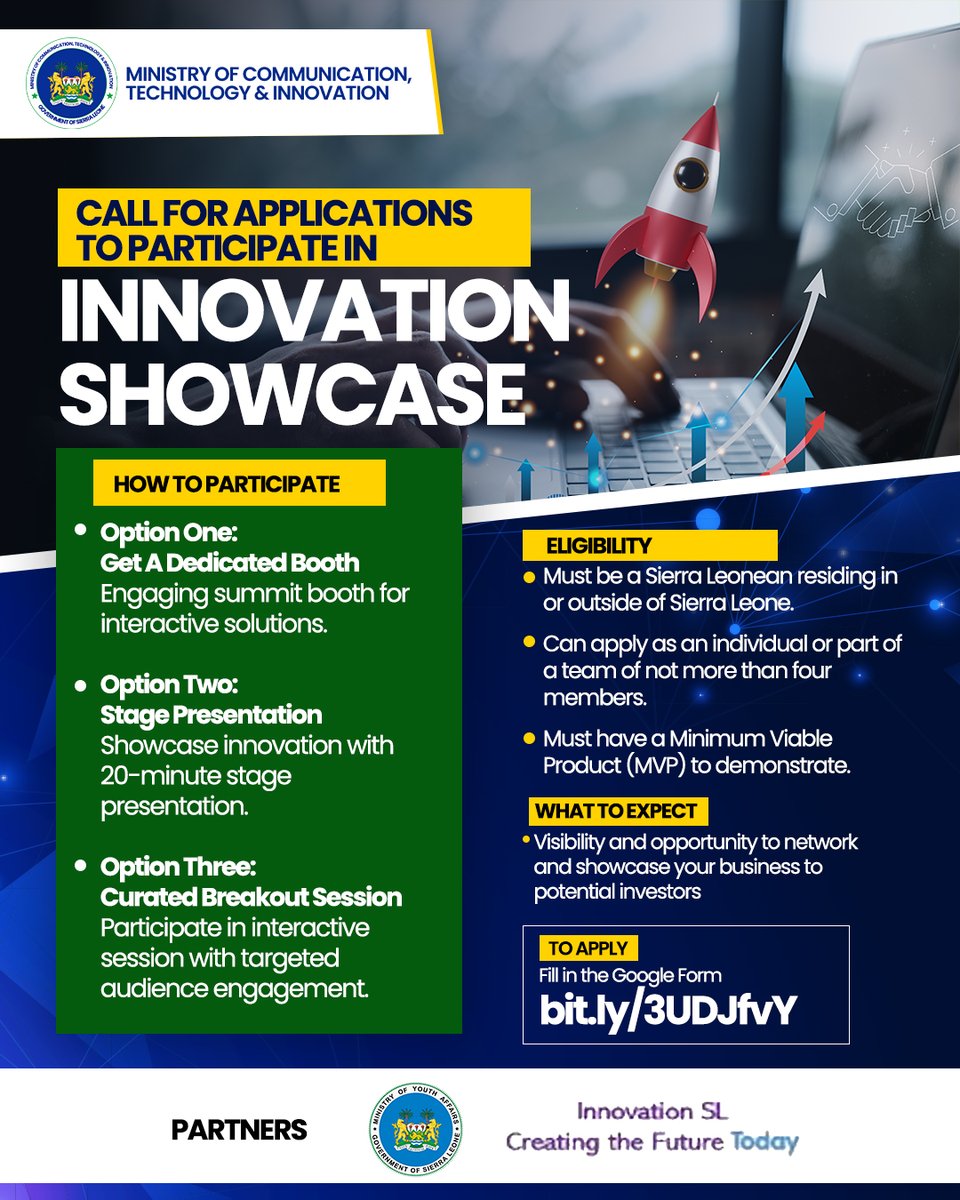 Calling all startups & Innovators in #Education #Health #Fintech #Climate #Agriculture #Mining Showcase yr solution at the SLI 2024 Tech Summit 💠 Secure a booth 💠 Present on Stage 💠 Curated breakout session Deadline: 17 May 2024 See: bit.ly/3QHC84q #SierraLeone