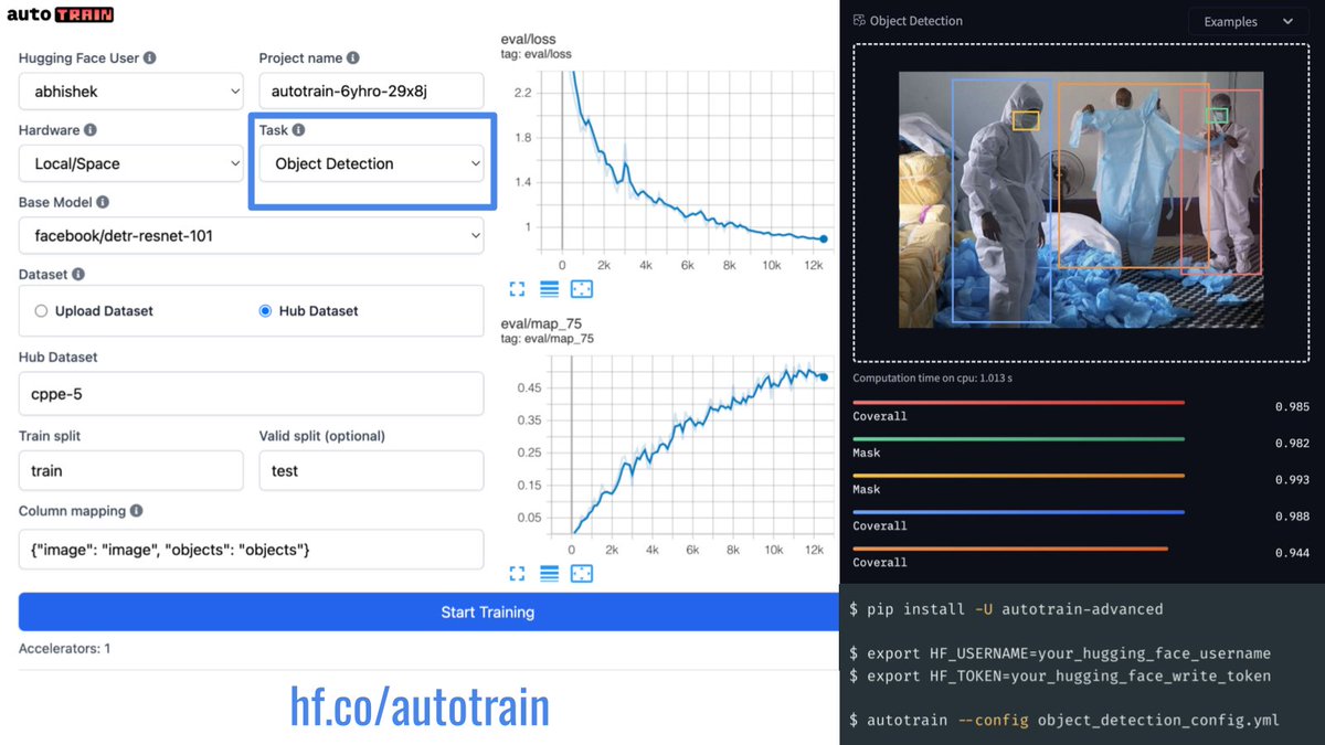 🚨 NEW TASK ALERT 🚨 🎉 AutoTrain now supports Object Detection! 🎉 Transform your projects with these powerful new features: 🔹 Fine-tune any supported model from the Hugging Face Hub 🔹 Seamless logging with TensorBoard or W&B 🔹 Support for local and hub datasets 🔹