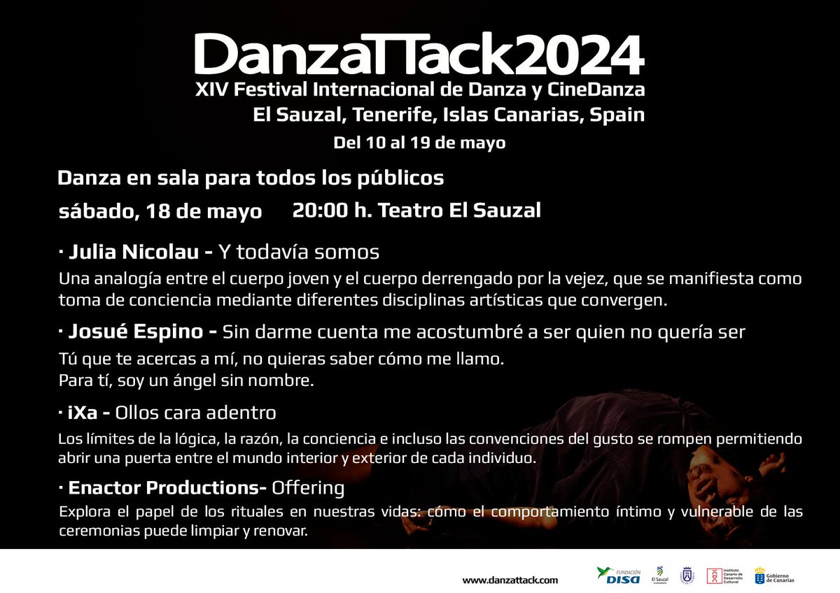 📽️💃 ¡DANZATTACK2024! 💥Llega la XIV Edición del Festival Internacional De Danza y Cinedanza donde el apartado educativo e integrador es muy potente. ¡Consigue tus entradas!⬇️ 🎟️ entradas.tickety.es/events/xiv-fes… ⏰ 20:00h 📅 16, 17 y 18 de mayo 📍 Teatro El Sauzal - El Sauzal - Tenerife