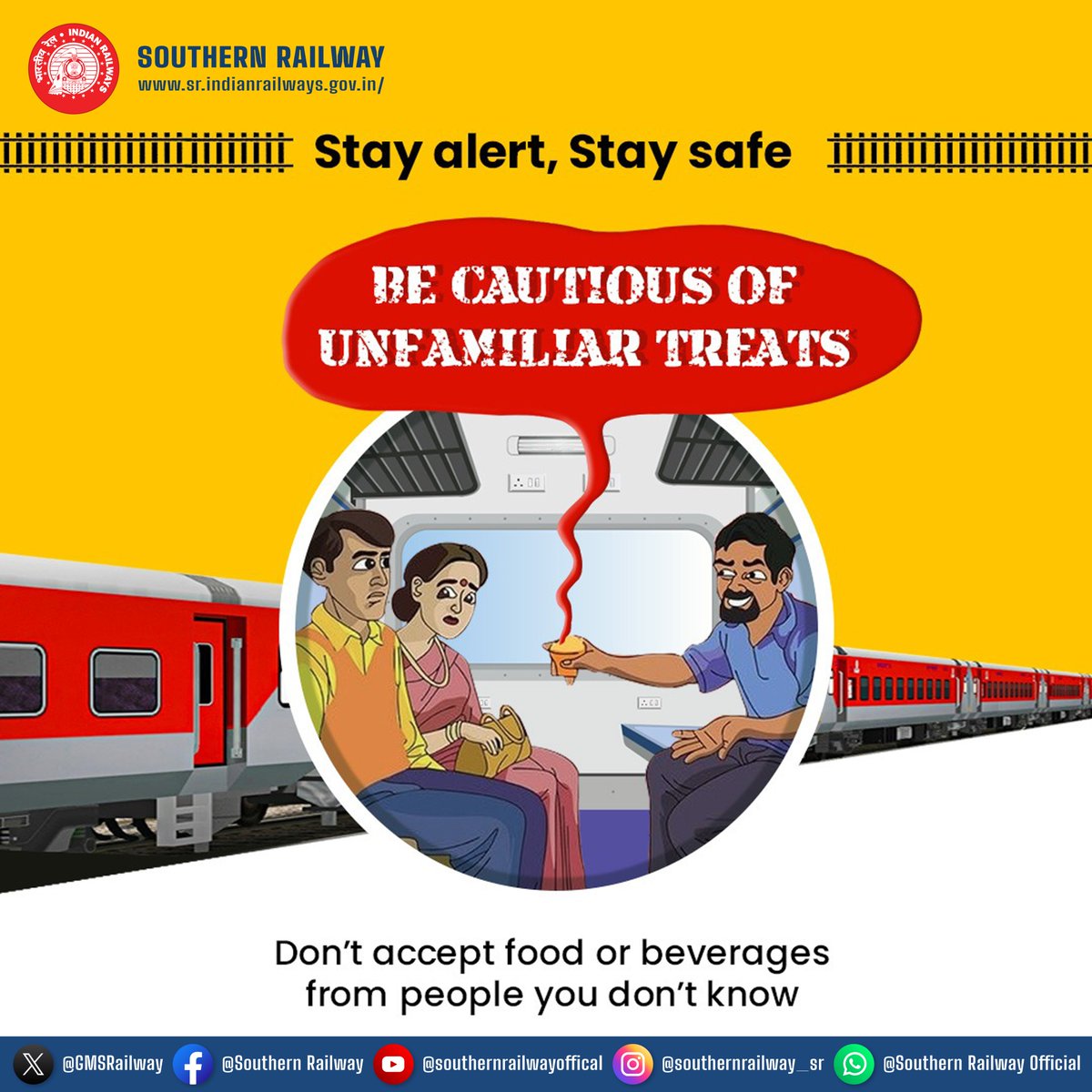 Planning a train journey soon? Remember, safety first! Don't let tempting treats derail your trip! Stay cautious of unfamiliar snacks offered by strangers on trains. Your health and well-being matter! #Train #SafetyTips #Travel #Awareness #StaySafe