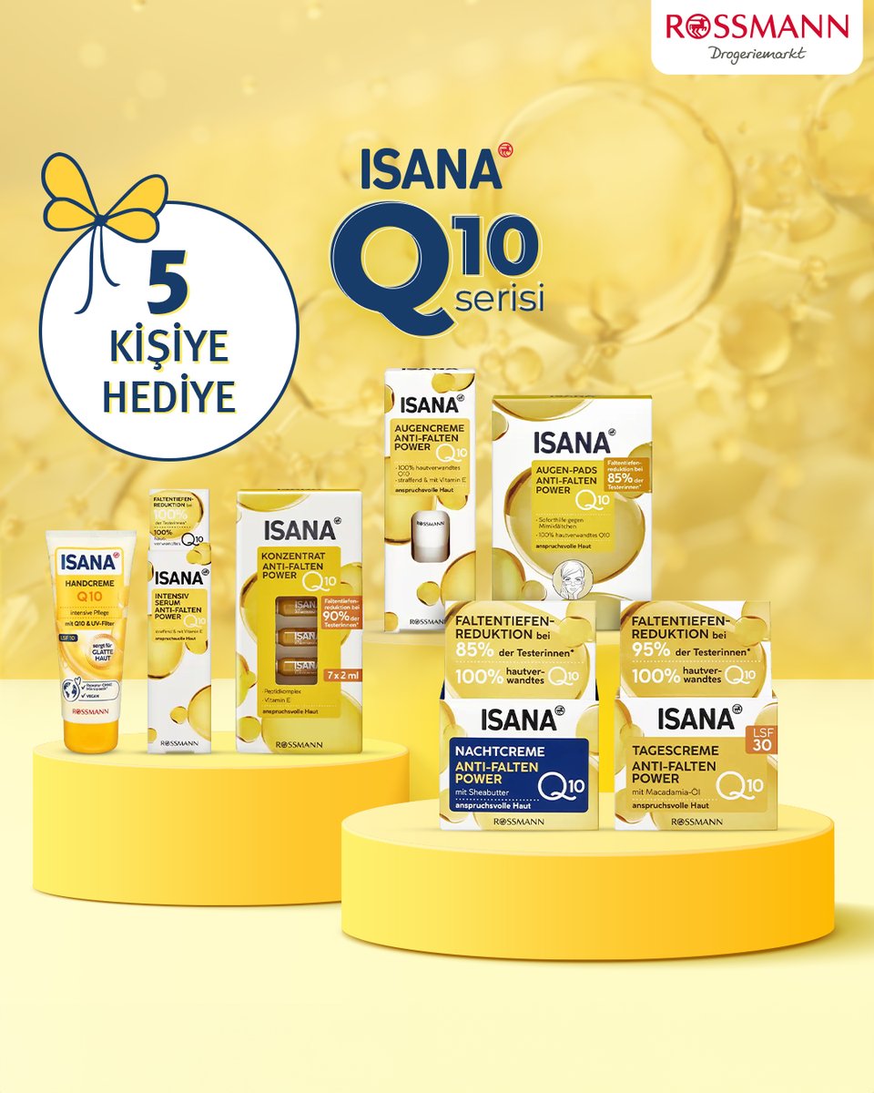 Rossmann Türkiye (@rossmannturkiye) on Twitter photo Cildin yenilenmesine ve kırışıklık görünümünün azalmasına yardımcı Isana Q10 serisi şimdi 5 kişiye HEDİYE! 💛
Yapman gerekenler çok basit:
💫 <a href="/RossmannTurkiye/">Rossmann Türkiye</a> 'yi takip et.
✌🏻 Bu tweeti RT'le.
Hediye edilecek ürünler:
Isana Q10 Gündüz Kremi Spf30
Isana Q10 Gece Kremi
Isana Q10 Cildin yenilenmesine ve kırışıklık görünümünün azalmasına yardımcı Isana Q10 serisi şimdi 5 kişiye HEDİYE! 💛
Yapman gerekenler çok basit:
💫 <a href="/RossmannTurkiye/">Rossmann Türkiye</a> 'yi takip et.
✌🏻 Bu tweeti RT'le.
Hediye edilecek ürünler:
Isana Q10 Gündüz Kremi Spf30
Isana Q10 Gece Kremi
Isana Q10