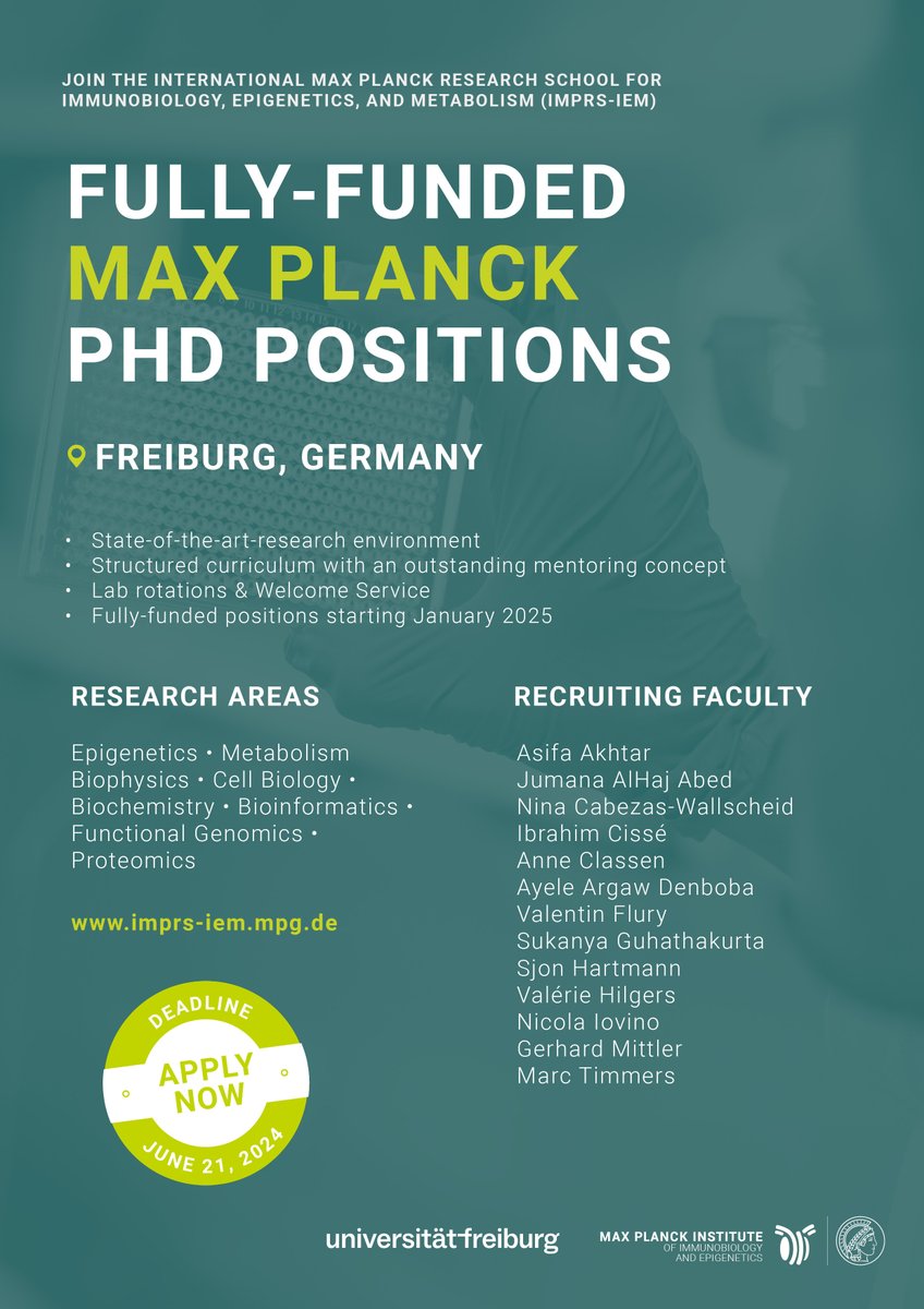 Hooray! We are #recruiting! Our Max Planck #gradschool #PhD program is looking for the next generation of talents in #epigenetics, #biophysics, #metabolism & many more areas. Get details about our @mpi_ie @UniFreiburg faculty & the application process: imprs-iem.mpg.de