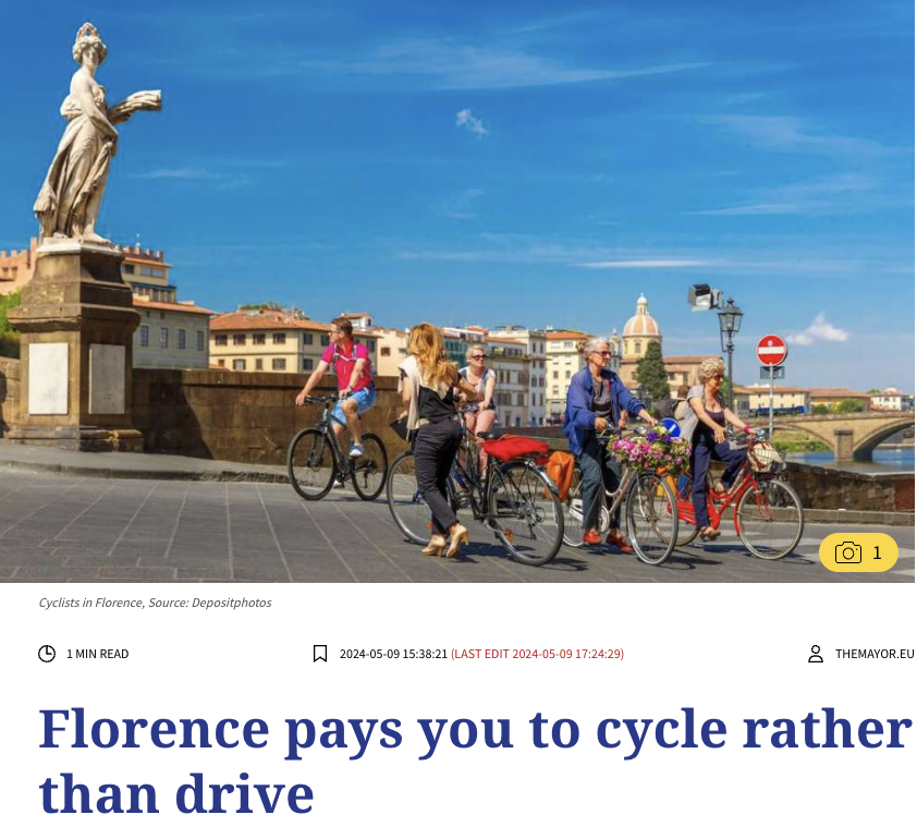 In Italy, Florence offers residents €30/month if they bike instead of drive. Bicyclists can earn up to 25 cents/km, with an app validating distance. themayor.eu/en/a/view/flor…