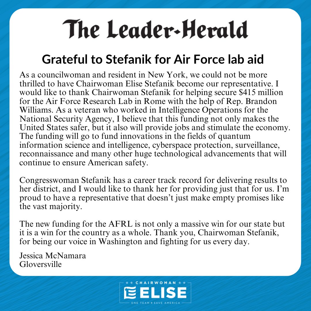 Thank you Jessica from Gloversville for your letter to the editor in @TheLeaderHerald!

I’m incredibly proud of my work with @Brandon4ny22 to secure $415 million for the Rome Lab. @AFResearchLab’s research is world class and critically important to our national security.