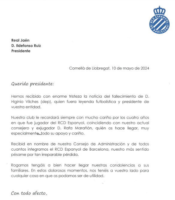 ¡¡ Gracias <a href="/RCDEspanyol/">RCD Espanyol de Barcelona</a> por acordarse en estos momentos tanto del Real Jaén C.F como de la familia de D. Higinio Vilches !!

Pequeños detalles que ensalzan aún más la figura de D. Higinio Vilches (D.E.P)