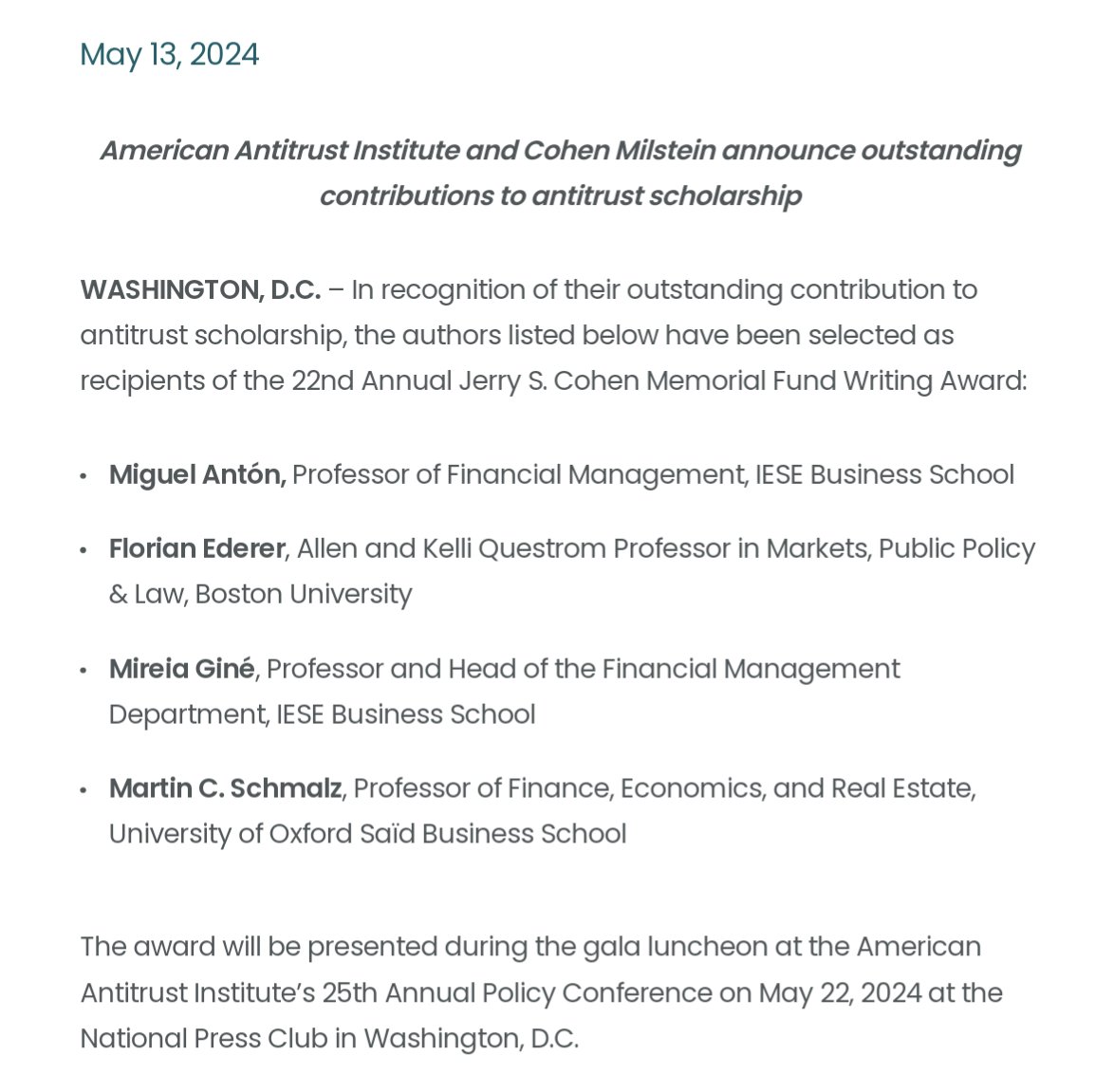 I'm delighted to announce that Miguel Antón, @mireiagine, @martincschmalz, and I have won the 22nd Annual Jerry S. Cohen Antitrust Award for our JPE paper 'Common Ownership, Competition, and Top Management Incentives.' cohenmilstein.com/winners-announ…