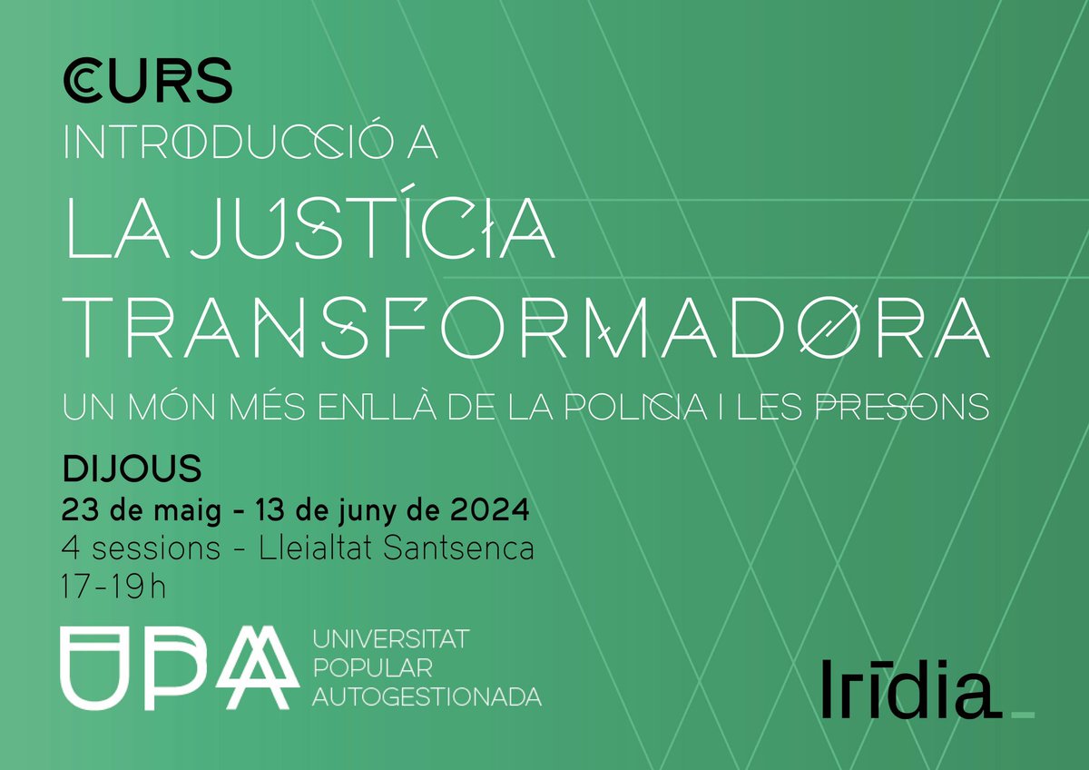 🗣️[Inscripcions obertes] pel nou curs: 'Introducció a la justícia transformadora: un món més enllà de la policia i les presons'✊🏿de la @upa_uni i de la mà de les companyes de @centre_IRIDIA! 🔥Tota la info aquí👉🏿upa.cat/curs-justicia-… Us hi esperem!