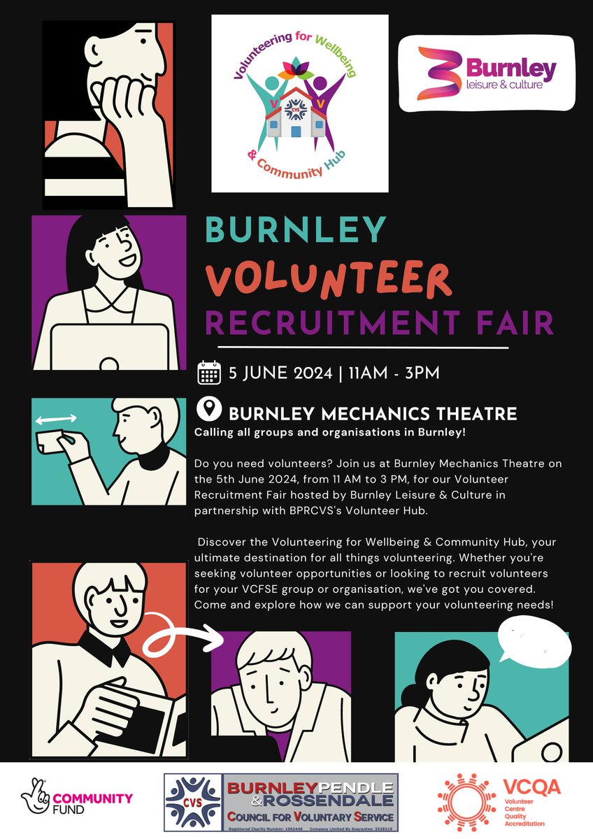 Thinking about #volunteering?
Want to know more?

Come on down to Burnley Mechanics on 5th June for a #Volunteer Recruitment Fair

Speak to our expert #VolunterHub team - we're the only officially accredited #VolunteerCentre in East Lancs!

@BurnleyLeisure #VolunteersWeek2024