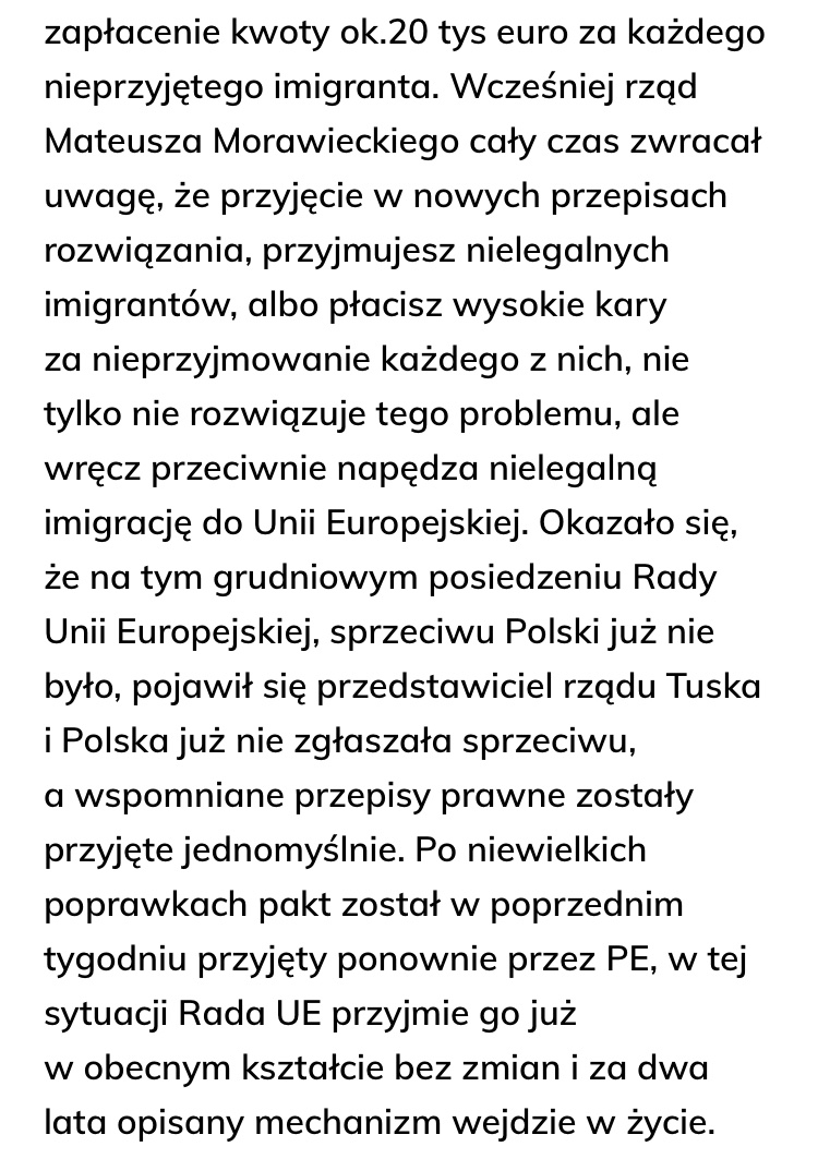 Przypominam, że rząd Tuska mógł zablokować pakt migracyjny 21 grudnia 2023. Tamto posiedzenie zostało zwołane specjalnie 8 dni po objęciu władzy przez Tuska, bo wiadomo, że rząd PiS by ten pakt zablokował. Rząd Tuska mu się wtedy nie sprzeciwił i wtedy przypieczętował sprawę.…