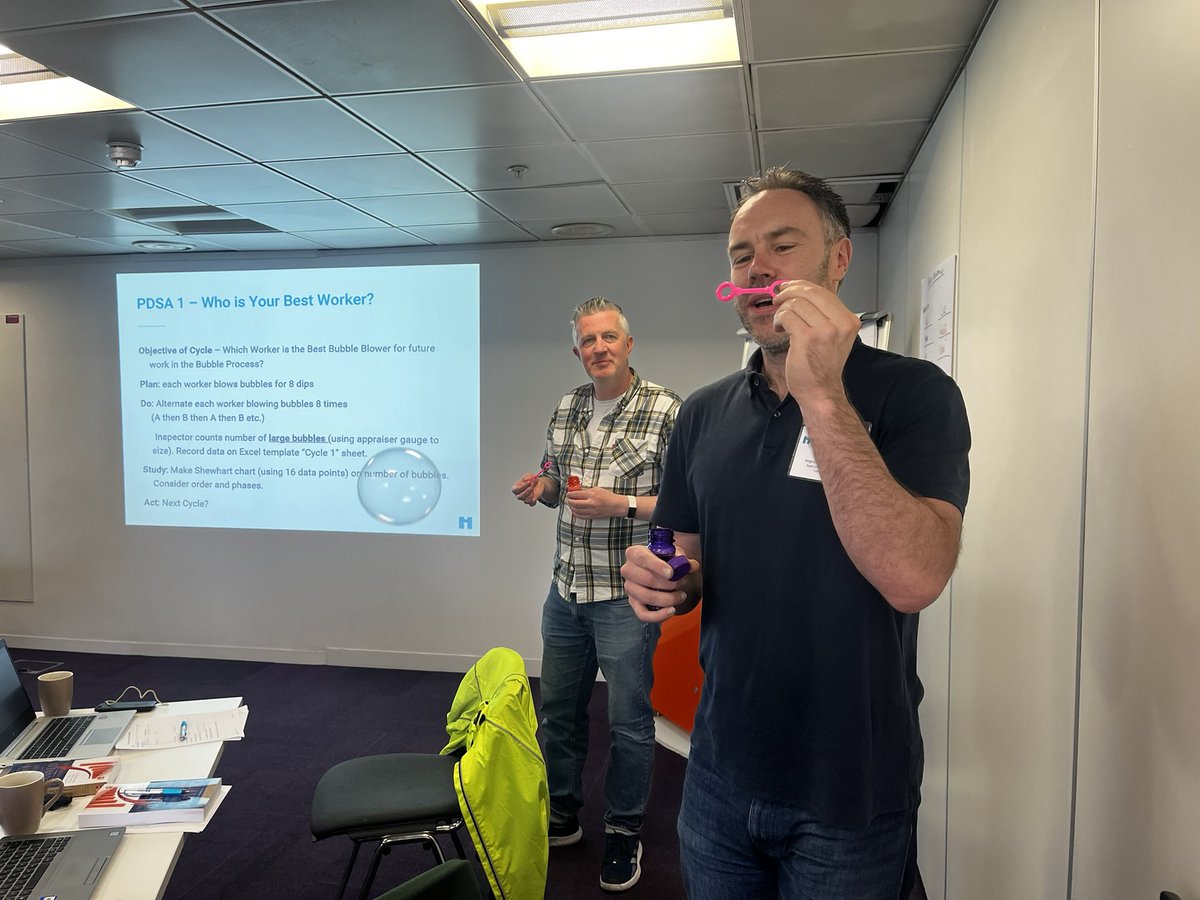 Here in London with Amar Shah teaching planned experimentation to Wave 79 of the imp Advisor Prog. Got them started on designing a 2^4 PE to determine who can blow the most large bubbles! How many tests need to be run for a 2^4 design?
