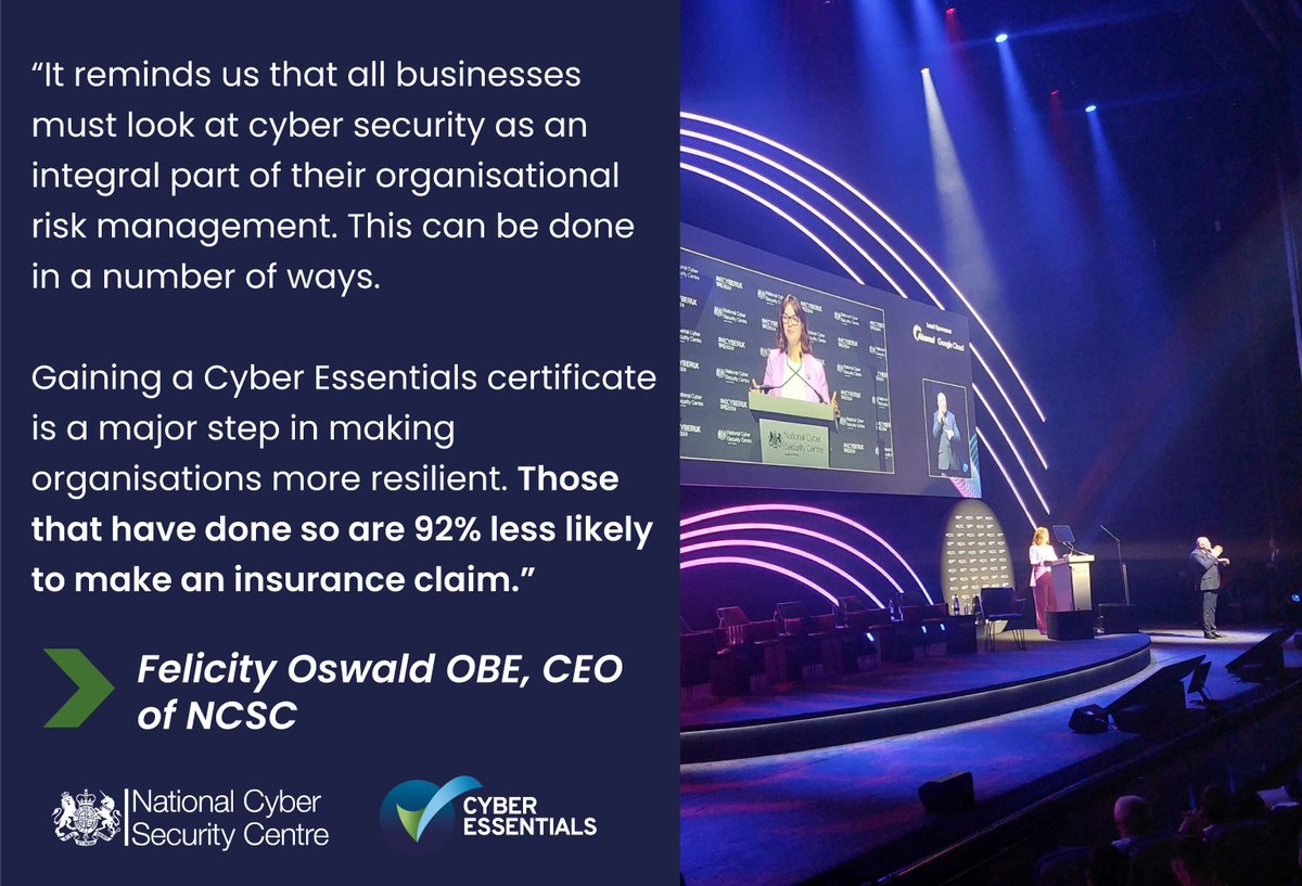 At #CYBERUK24, Felicity Oswald OBE, CEO of the @NCSC, spoke about how #CyberEssentials certification is a major step in making organisations more resilient, with those that certify 92% less likely to make an #insurance claim. 📣🔒 📽️ ow.ly/gZ6Y50RFuZc @CYBERUKevents