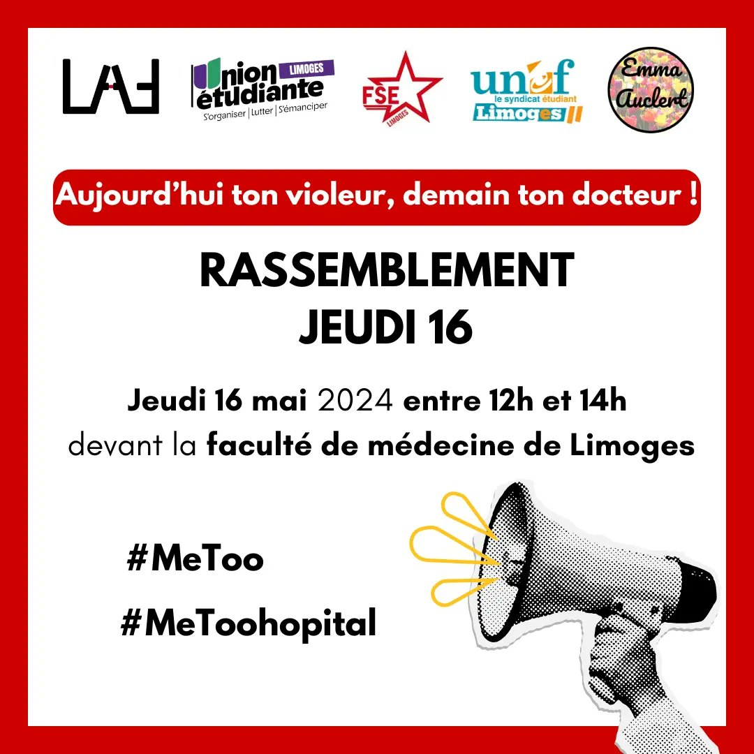 Soutien à la mobilisation #MeTooHopital et à la grève nationale du personnel hospitalo-universitaire.

Rdv devant la fac de médecine de Limoges le jeudi 16 mai à 12h.
Le silence ne profite qu'aux agresseurs.

Vous pouvez aussi signer la pétition 👇 
change.org/p/les-pr%C3%A9…