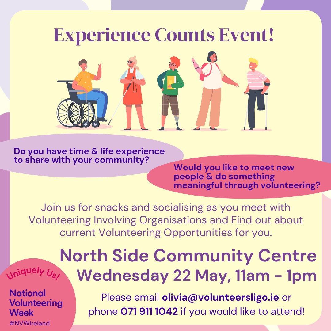 Join us, as part of National Volunteering Week, for Experience Counts in Northside Community Centre  on Wed 22nd May from 11am-1pm.  

Email olivia@volunteersligo.ie or phone 071 911 1042 if you would like to attend!  #sligovolunteercentre #NVWIreland #uniquielyus
@voluntireland