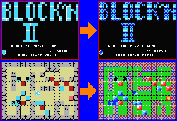 MSX「Block'n II」にScreen1.5実装です。
ヤバすぎ笑
でもコレもったいないよ、所詮他人のゲームでしょう、
自分オリジナルのゲームで使いたかった！

※プログラム差分は、先日のツイートのリンク先と同じ