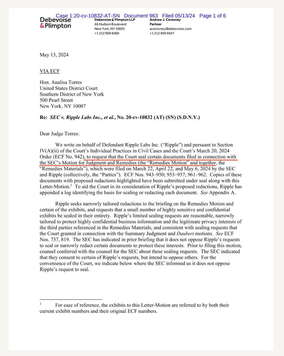 🚨 BREAKING RIPPLE VS. SEC NEWS: #Ripple has filed a Motion to Seal Certain Documents filed in connection with the SEC Motion for Judgment and Remedies! ⚖️ dropbox.com/scl/fi/l0dnp00…