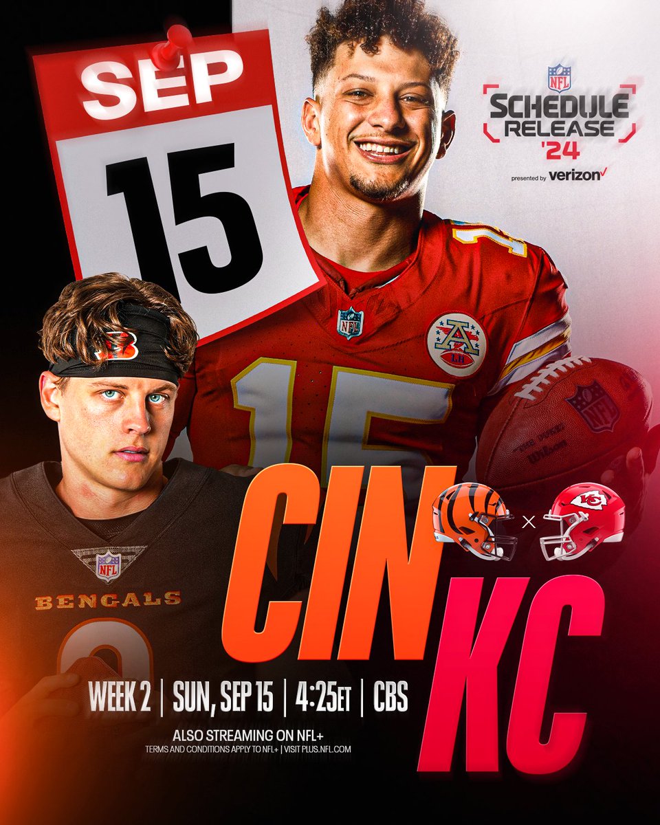 Burrow and Mahomes meet again in Week 2. 🔥 📺: NFL Schedule Release — Wednesday 8pm ET on NFLN/ESPN2 📱: Stream on #NFLPlus