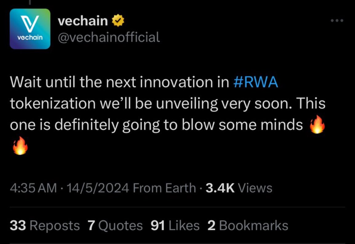 BOOOOOOOOOMM!!! 

Are you ready for #VeChain ? 

#RWA will bring $VET to $1 at least! 

You are not bullish enough! 

Big news are coming!