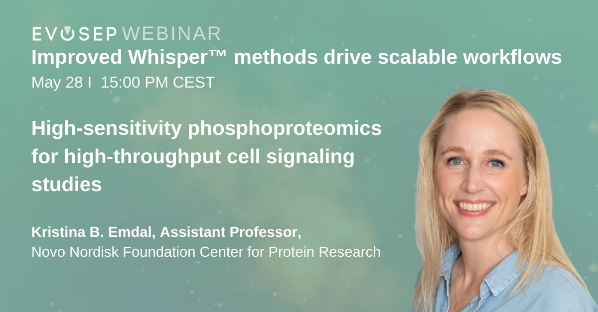 EvosepBio's tweet photo. Join us when Kristina B. Emdal, PhD from @JesperOlsenLab shows how improved Whisper methods allow scalability for high-sensitivity #phosphoproteomics for rapid cell signaling studies. 
Make sure to join on May 28. https://t.co/dHrlL4C9Tm https://t.co/OHQNsYXquJ