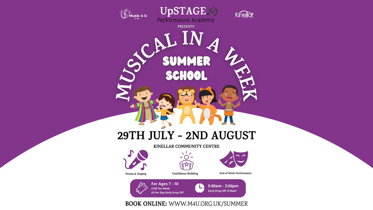 ☀️Bookings for SUMMER SCHOOL are now LIVE☀️ Join us at @kinellar_hall for our MUSICAL IN A WEEK Summer School! 📅: 29th July - 2nd August 2024 ⏰: 9am - 3pm Daily (8.30am Early Drop Off Available) 📍: Kinellar Community Centre BOOK NOW: m4u.org.uk/summer