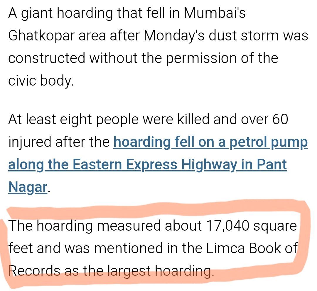 #hoardingcollapse @mybmc issues a statement - construction was without permission. Hoarding measured about 17,040 square feet and was mentioned in the #Limca Book of Records as the largest #hoarding? An illegal hoarding makes records ? Is not BMC responsible for this act ?