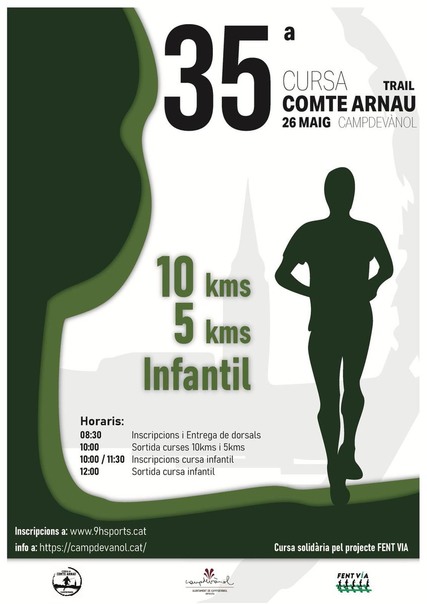 📌#Campdevànol recuperarà la Cursa del Comte Arnau el pròxim diumenge 26 de maig, després de 4 anys sense fer-se

🏃🏼‍♀️‍➡️🏃🏻‍➡️Hi haurà 2 circuits de 10Km i 5Km, per camins i corriols del nostre entorn, i també les curses infantils

#campdevànolésesport #cursacomtearnau